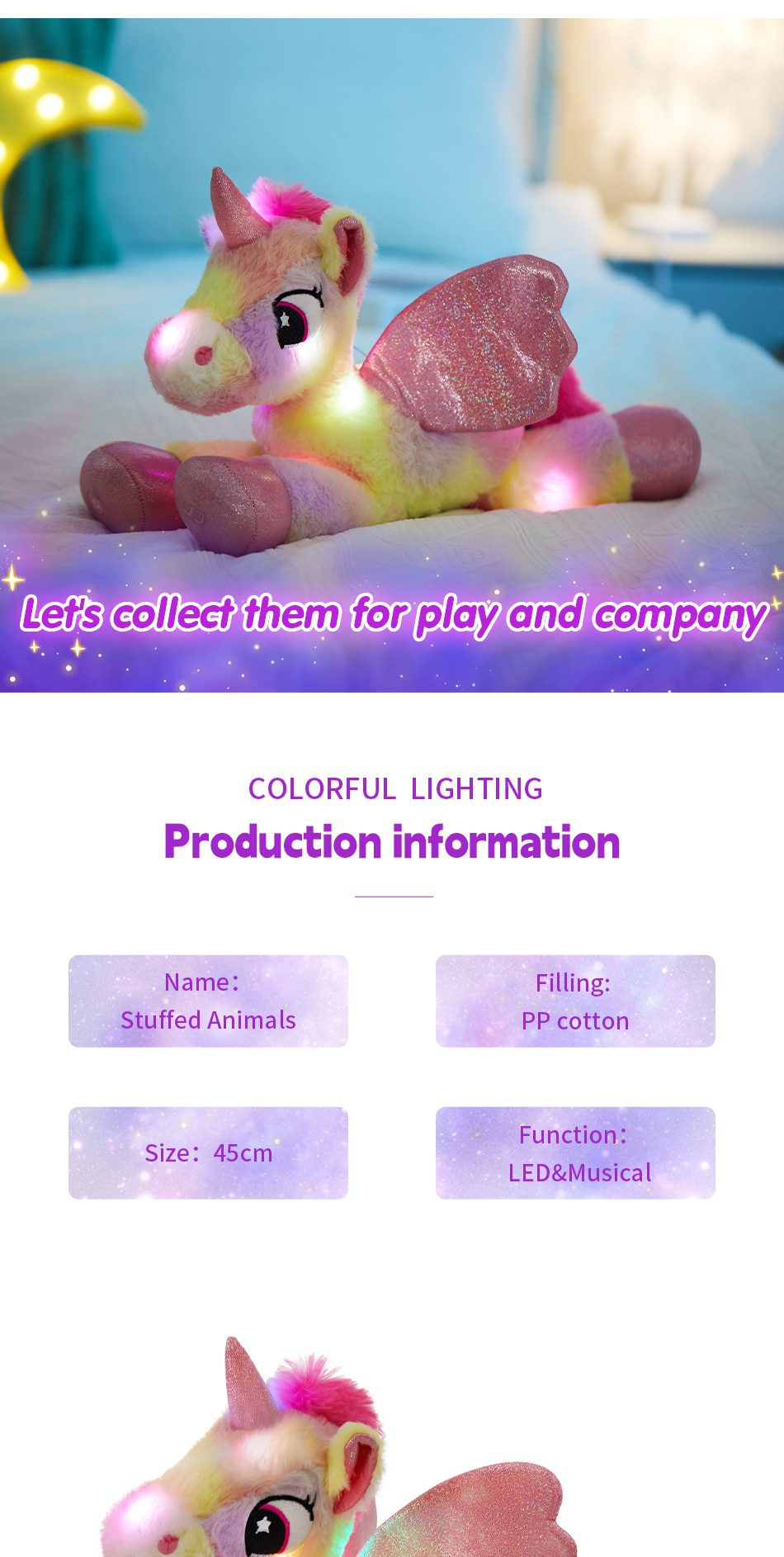 Bichos de pelúcia unicórnio arco-íris | Almofadas musicais de brinquedos de pelúcia LED de 48 cm - presente de aniversário para crianças e meninas -2