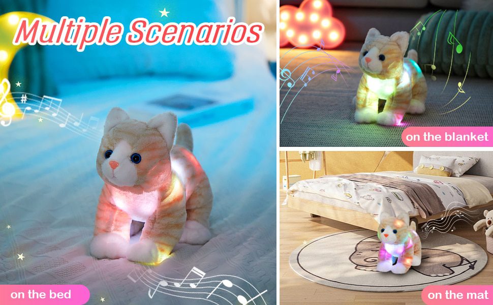 Jouet en peluche de chat de dessin animé | Jouets en peluche poupée Kawaii mignonne 35 cm - avec animaux en peluche LED musicaux -3
