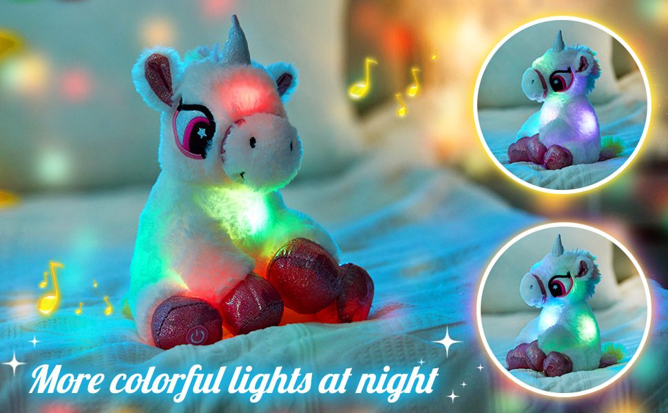 حيوان محشو على شكل وحيد القرن مضيء | 10.5 بوصة - ألعاب محشوة موسيقية بإضاءة LED ملونة على شكل وحيد القرن -7