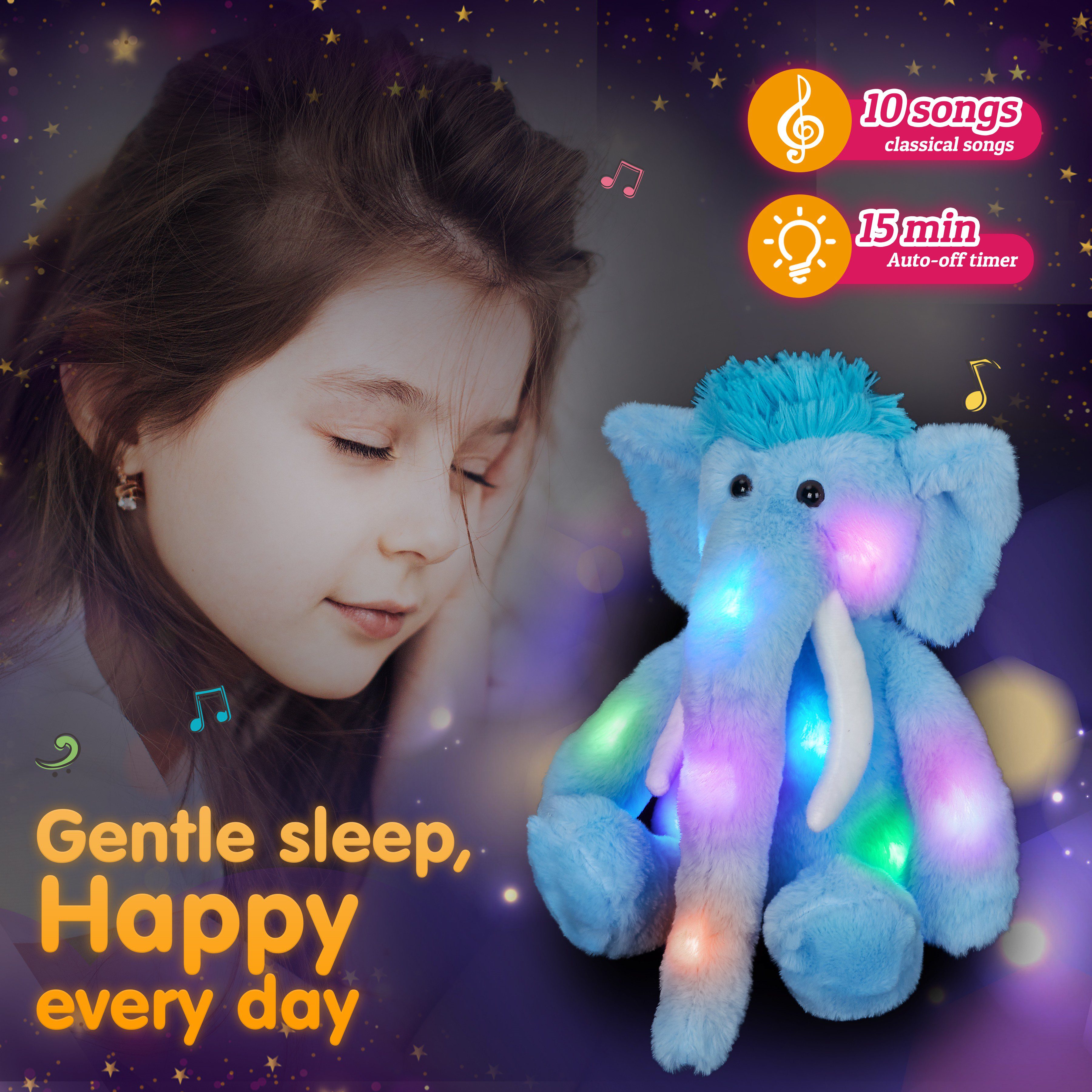 Rainbow Elephant Stuffed Animal | 48cm Pink Blue LED Light Musical Elephant Plush Toys -4