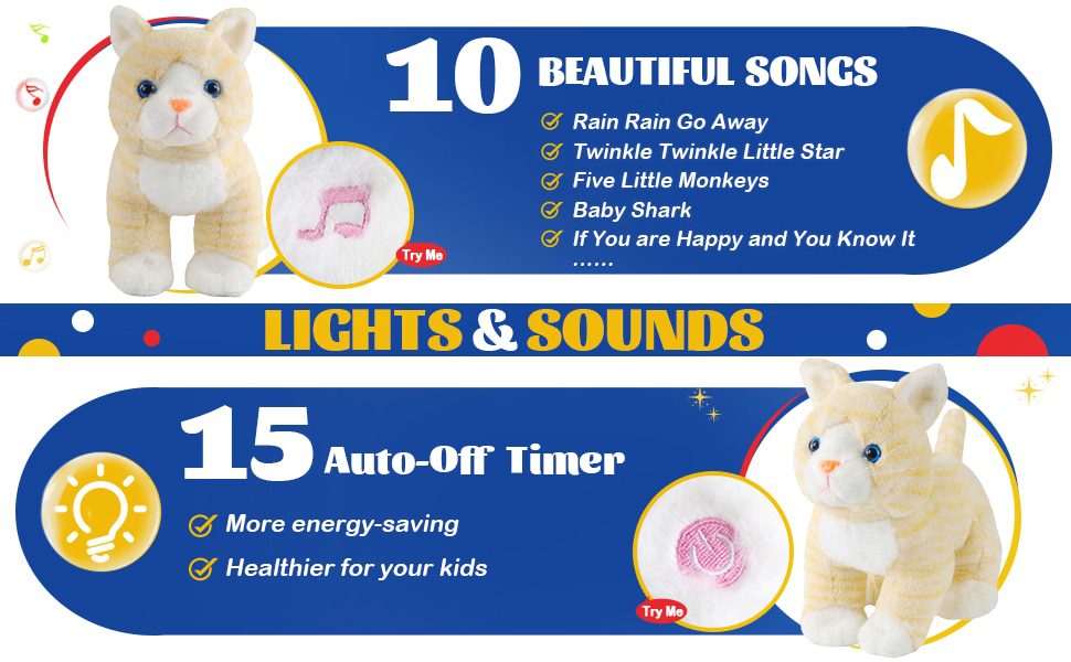 Cartoon Cat Plush Toy | Cute Kawaii Doll Plush Toys 35cm - with Musical LED Stuffed Animals -5
