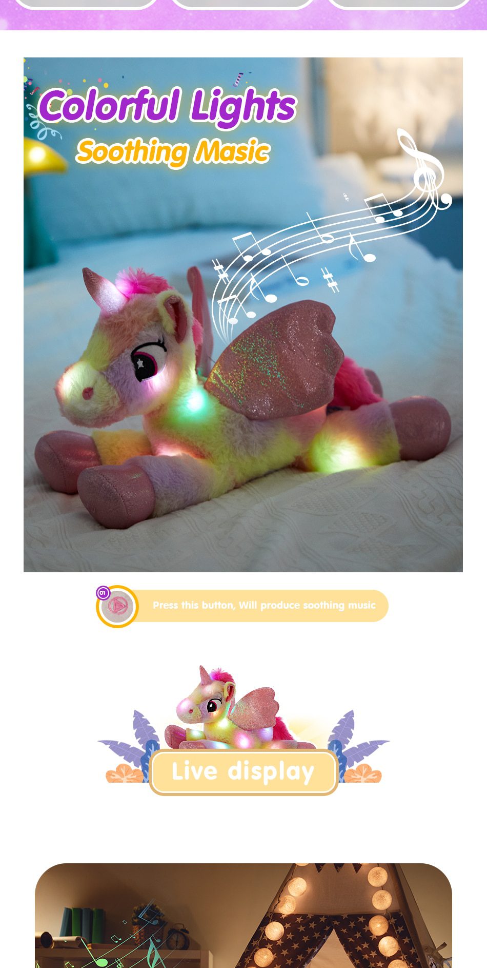 Animales de peluche de unicornio arcoíris | Almohadas musicales de peluche LED de 48 cm - Regalo de cumpleaños para niñas -4
