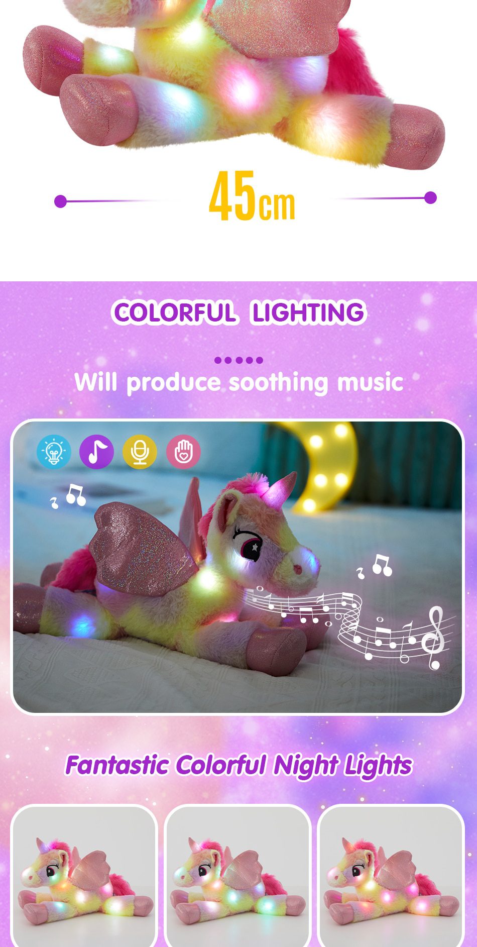 حيوانات محشوة بألوان قوس قزح ووحيد القرن | وسائد موسيقية من القطيفة LED مقاس 48 سم - هدية عيد ميلاد للفتيات الصغيرات -3