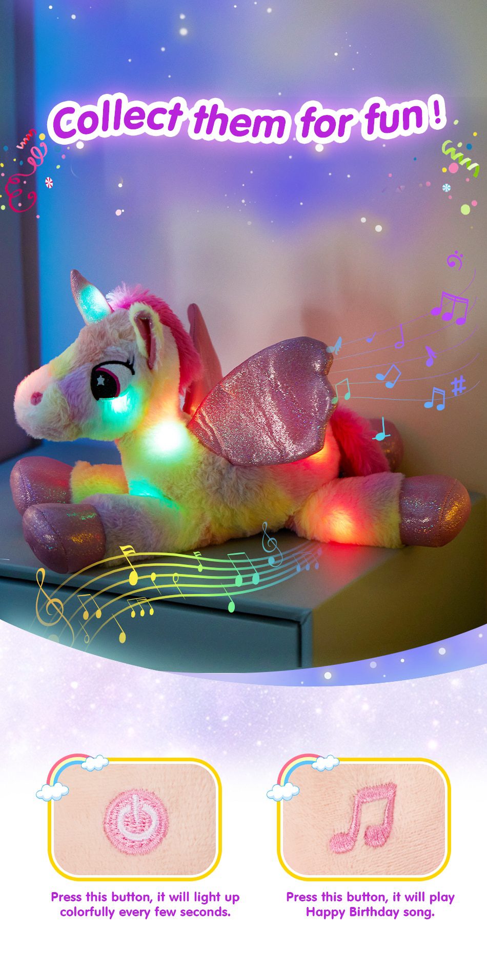 حيوانات محشوة بألوان قوس قزح ووحيد القرن | وسائد موسيقية من القطيفة LED مقاس 48 سم - هدية عيد ميلاد للفتيات الصغيرات -1