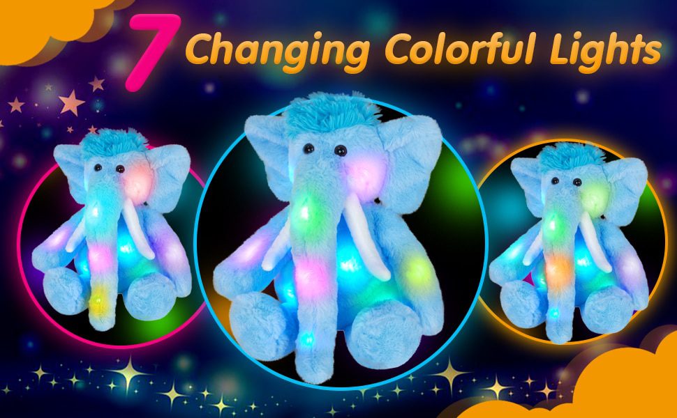 Bicho de pelúcia elefante arco-íris | 48 cm Rosa Azul LED Luz Musical Elefante Brinquedos De Pelúcia -1