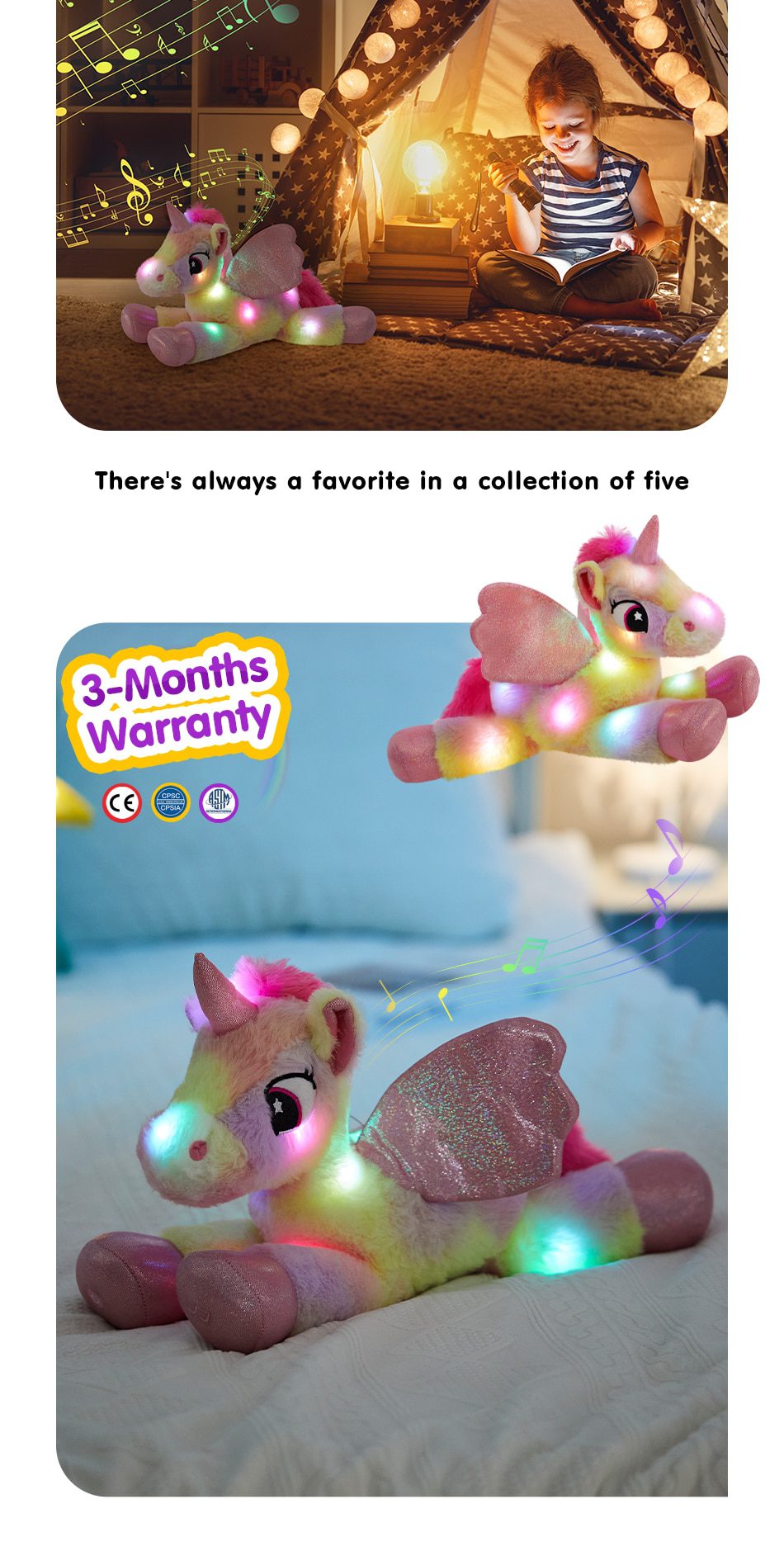 Bichos de pelúcia unicórnio arco-íris | Almofadas musicais de brinquedos de pelúcia LED de 48 cm - presente de aniversário para crianças e meninas -5