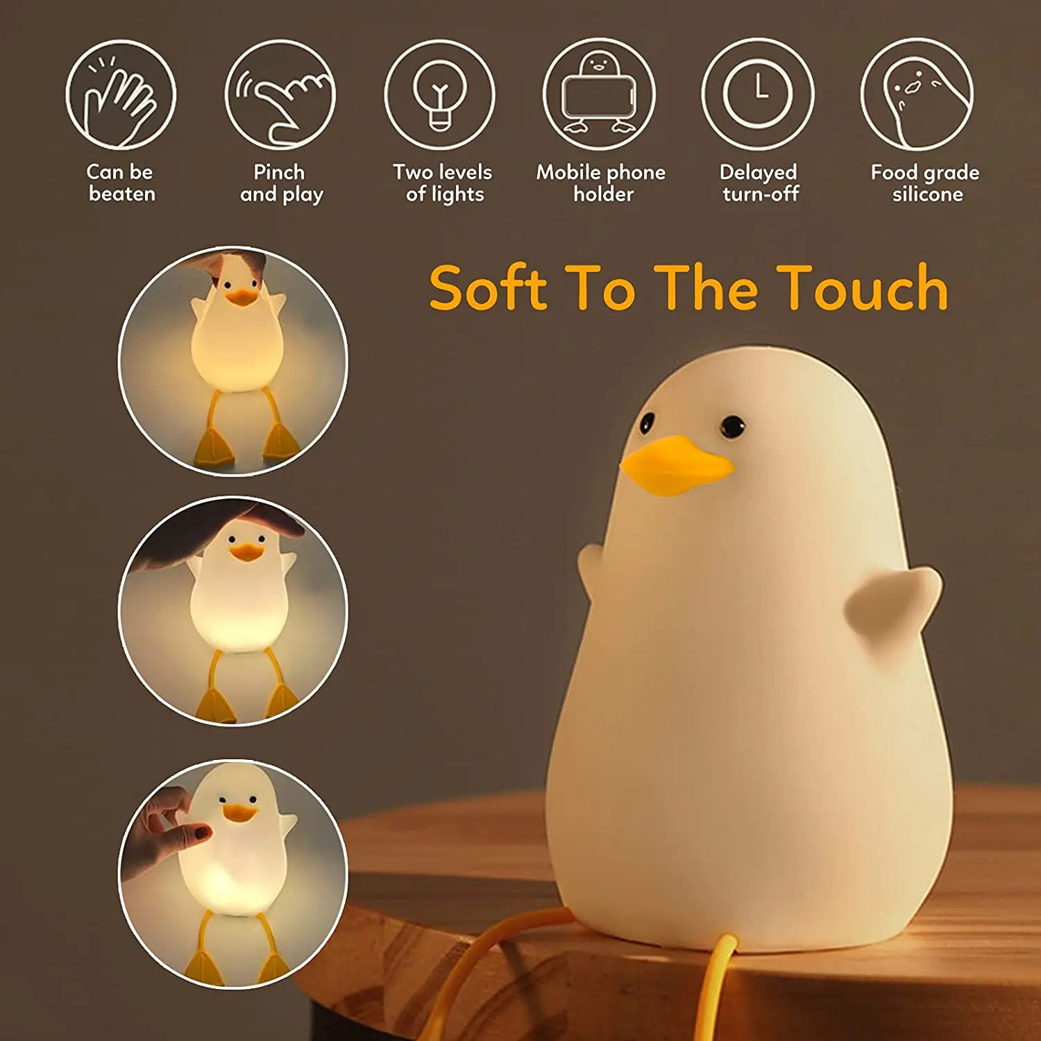 Cute Duck Led Night Light | USB Rechargeable Silicone Lamp - Touch Switch -3
