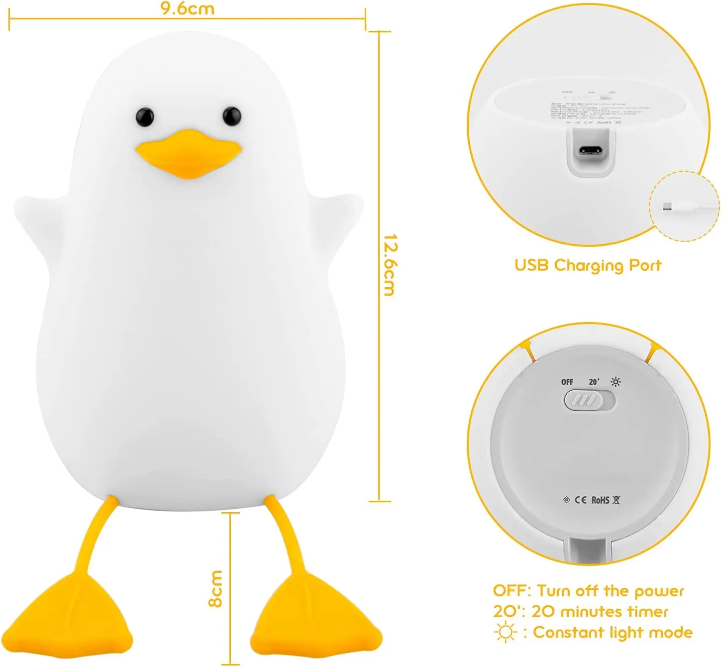Cute Duck Led Night Light | USB Rechargeable Silicone Lamp - Touch Switch -6