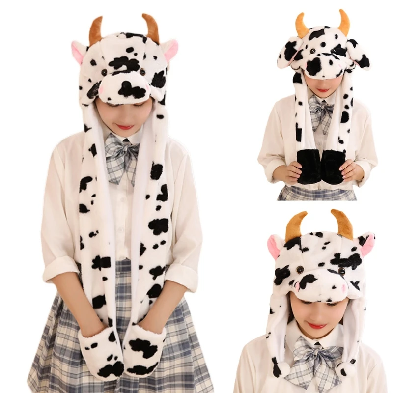 Chapéu de peluche fofo de vaca com orelhas móveis | Gorro com pala de animal de peluche para o inverno -1