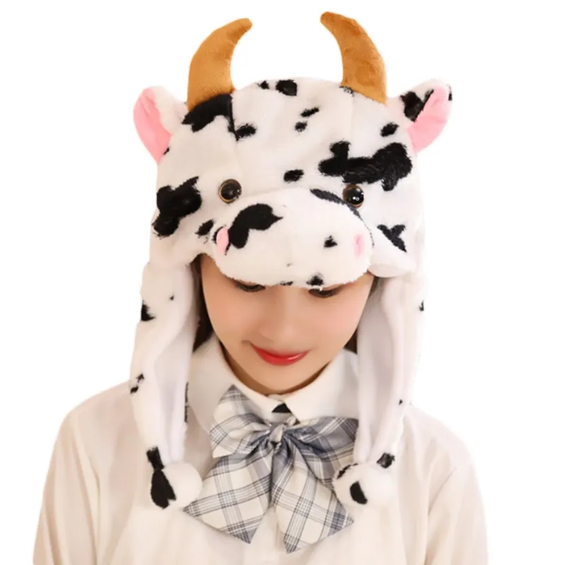 Chapéu de pelúcia de vaca fofo e fofo com orelhas que se movem - boné de pelúcia para o inverno -5