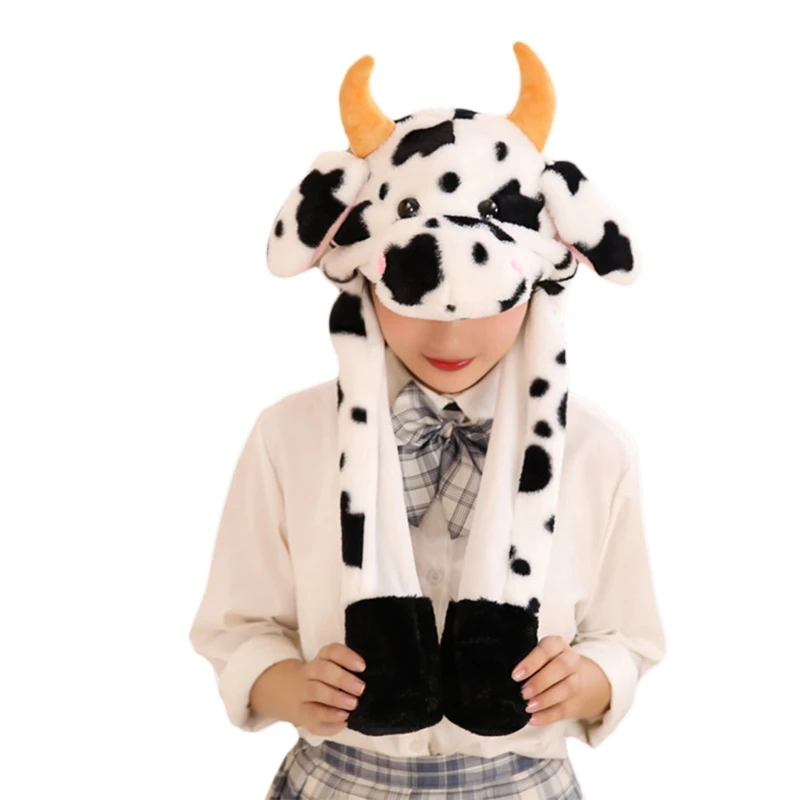 Chapéu de pelúcia fofo de vaca com orelhas móveis - boné de pelúcia para o inverno -2