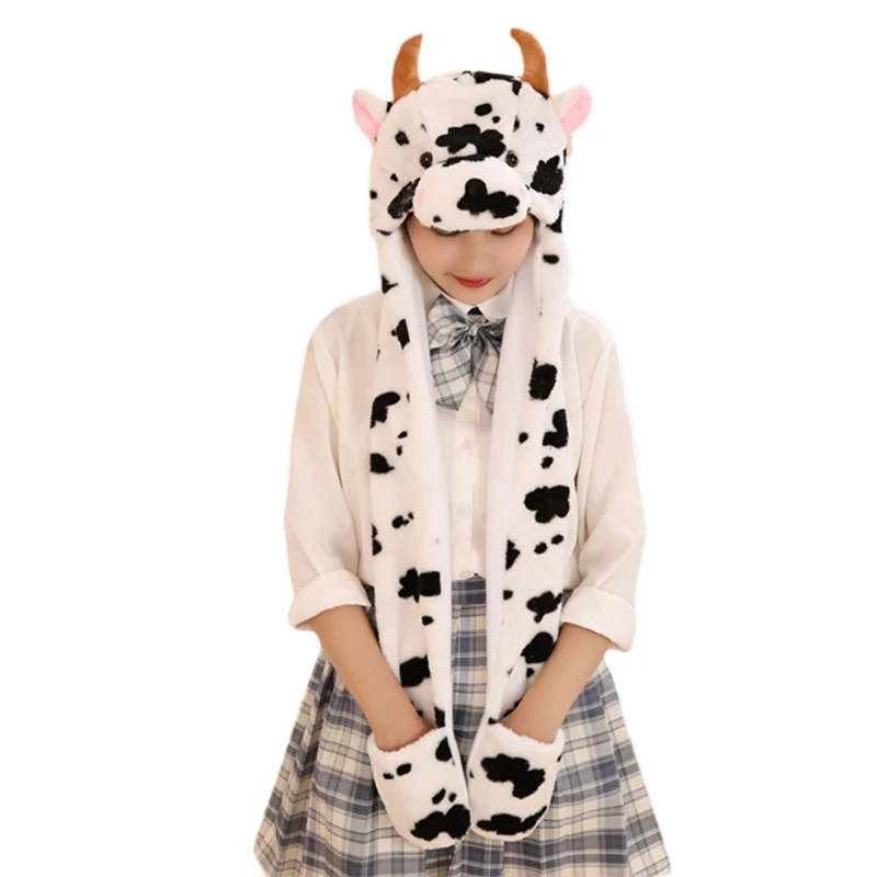 Chapéu de pelúcia de vaca fofo e fofo com orelhas que se movem - boné de pelúcia para o inverno -3