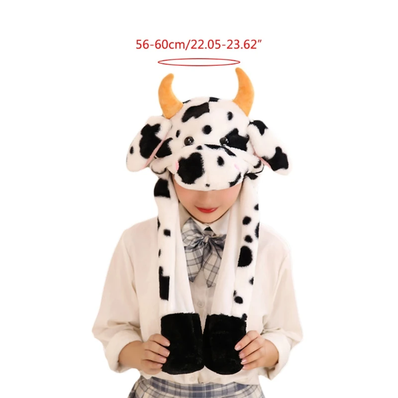 Niedliche flauschige Kuh Plüschmütze mit beweglichen Ohren | Plüschtier Ohrenklappenmütze für Winter -2