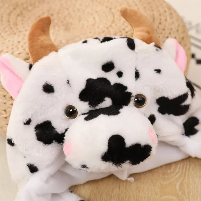 Милая пушистая корова плюшевая шляпа с подвижными ушами | чучело животного шапка-ушанка для зимы -5