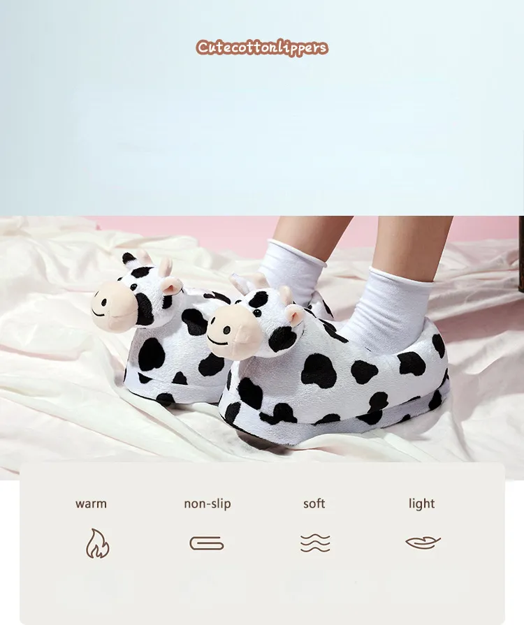 Winter Fluffy Cowl Slippers | Kawaii Fluffy Warm Milk Cow Cartoon House Slippers -1