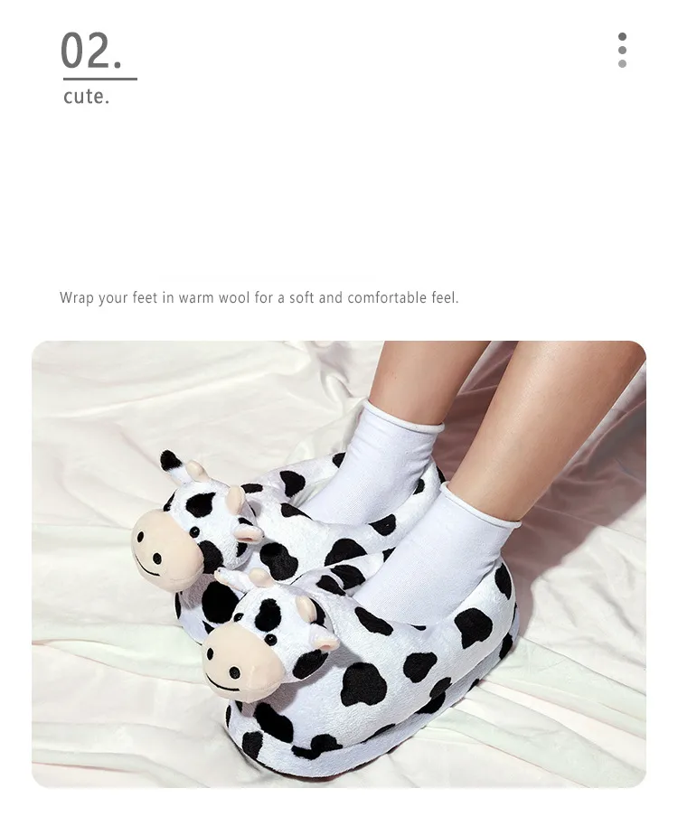 Winter Fluffy Cowl Slippers | Kawaii Fluffy Warm Milk Cow Cartoon House Slippers -6